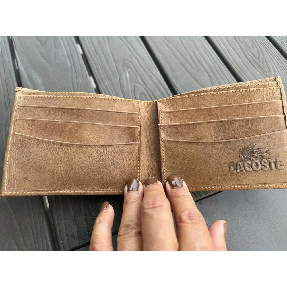 Vtg Lacoste Men's Logo Brown Leather Wallet W/pull Out Wallet Card
